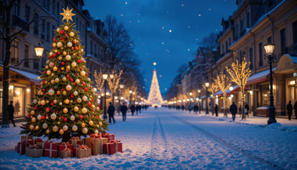 Fototapeta premium Snowy Christmas Eve, gold ornament, city background, festive card 