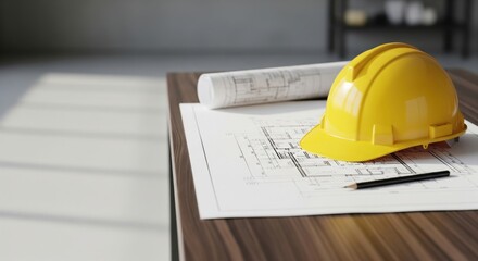 Architectural blueprints and yellow hard hat on desk with copy space
