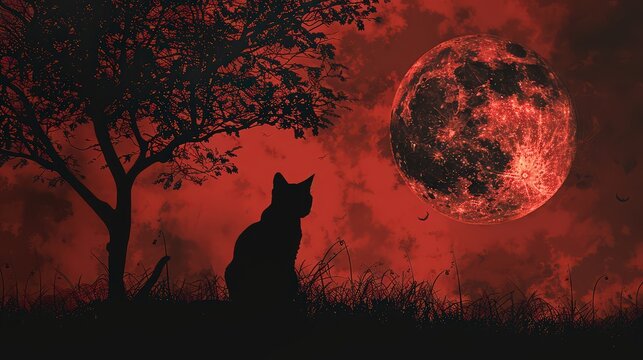 A silhouette of a cat sitting under a tree with a large red moon in a red sky at dusk or dawn