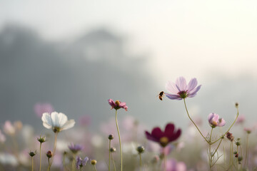 Obraz premium serene dawn in blooming garden soft sunlight filtering through flowers single bee delicately perched on vibrant