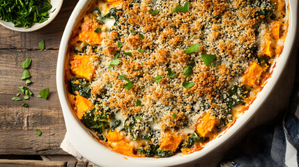 A spinach and sweet potato casserole topped with breadcrumbs and cheese.