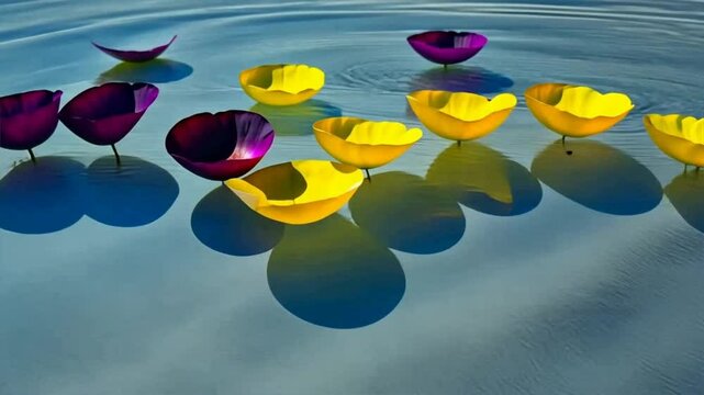 A tender heart shape made of royal blue and golden yellow petals floats gently on clear water. A poetic, scene evoking feelings of love, balance, and quiet joy. Perfect for romantic, mindful projects