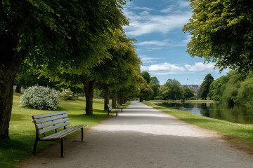 serene summer park in denmark featuring lush green trees blooming flowers and tranquil lake