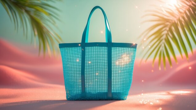 Blue mesh bag on pink sandy surface. Beach themed designs, vacation destinations, summer accessories, outdoor activities, travel brochures, tropical layouts, coastal vibes.