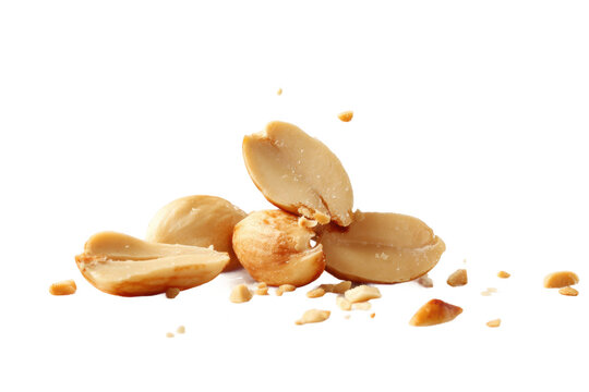 Salted roasted peanuts with shell fragments on white background, cut out