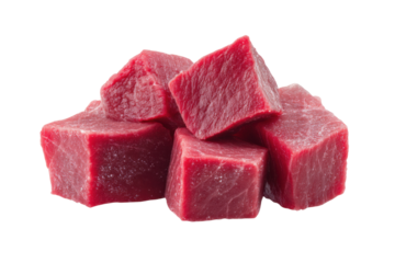 Fresh red raw beef cubes isolated on black background, cut out