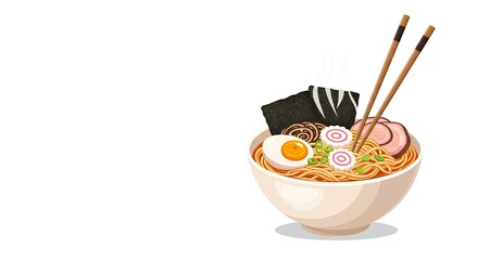 Colorful illustration of a bowl of ramen with chopsticks.