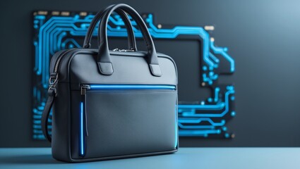 Black leather bag with blue glowing lines against a circuit board. Fashion tech concept for futuristic accessories and innovation backgrounds.