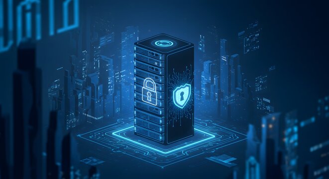 Secure Server Data with Shield and Padlock in Digital City