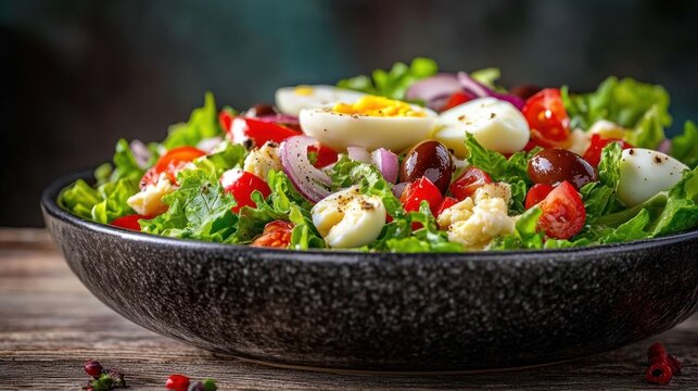 Fresh mixed salad with lettuce, halved boiled eggs, cherry tomatoes, black olives, red onion slices, and crumbled cheese in a dark bowl on a rustic wooden table - Powered by Adobe