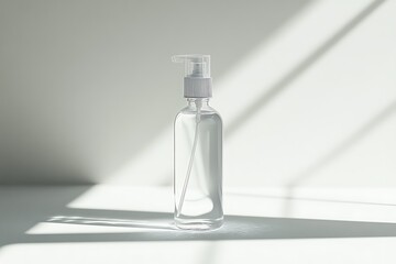 A clear bottle with a pump dispenser sits on a white surface with light and shadow patterns behind it