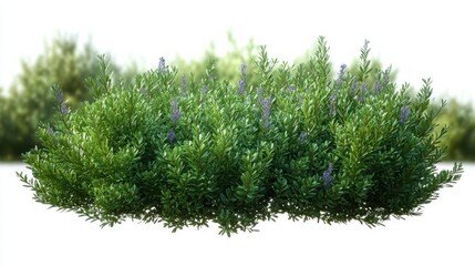 Dense bush with small green leaves and sparse purple flowers thriving in natural outdoor setting with blurred greenery background