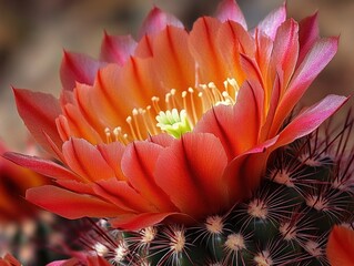 Close-up of a blooming cactus with vibrant orange and pink petals and delicate white stamens in natural light