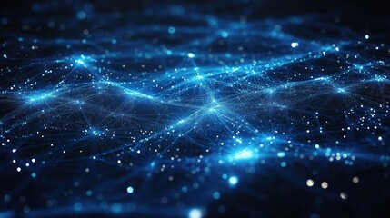 Glowing blue network of interconnected points and lines creating a digital web of connectivity and data flow with a futuristic and complex appearance