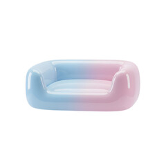 Floating pastel-colored inflatable sofa with blue and pink tones on a white background