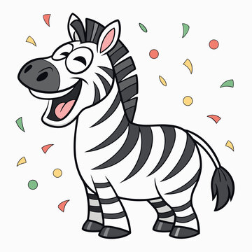 Cartoon zebra smiles joyfully amidst falling confetti, portraying a celebratory against a transparent backdrop
