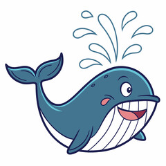Naklejka premium Cheerful blue cartoon whale smiles happily while spouting water, isolated on transparent background