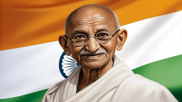 Mahatma Gandhi jayanti Portrait Against Indian Flag A powerful image showcasing Mahatma Gandhi's peaceful legacy and India's national pride, ideal for historical documentaries or educational projects.