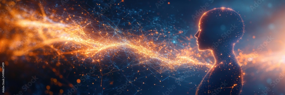 Poster glowing abstract human head silhouette connected with orange luminous particle and network threads o