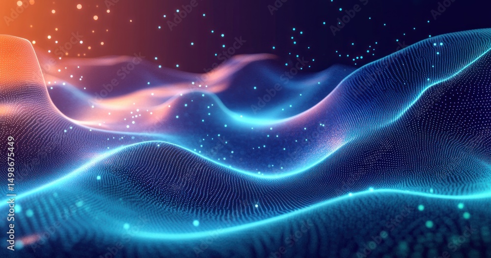 Poster abstract glowing digital waves and dots in blue and orange creating a flowing futuristic landscape w