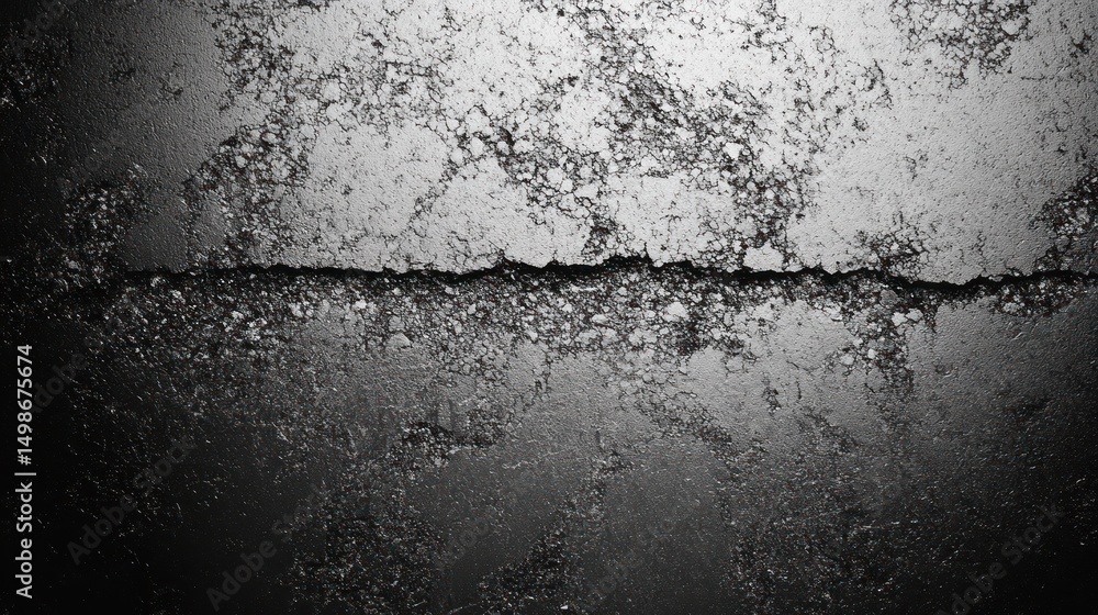 Poster close-up of a textured cracked and peeling surface with a horizontal fissure dividing rough and smoo
