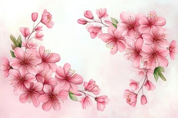 Fototapeta premium Delicate pink cherry blossom branches with detailed petals and green leaves on a soft pink and white gradient background creating a serene springtime feeling