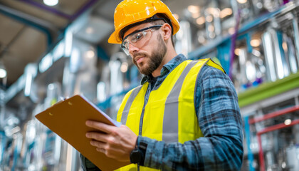 Safety inspection process on factory floor industrial setting professional check