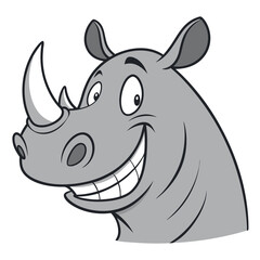 Obraz premium Cheerful gray cartoon rhino head shows a wide grin with bright white teeth clearly visible
