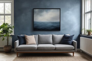 Tranquil seascape painting in a modern living room.