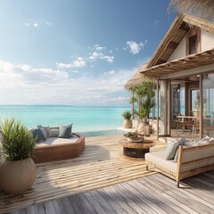 Obraz premium Elegant beach villa with bamboo decking overlooking the beach, offering a perfect ocean view.