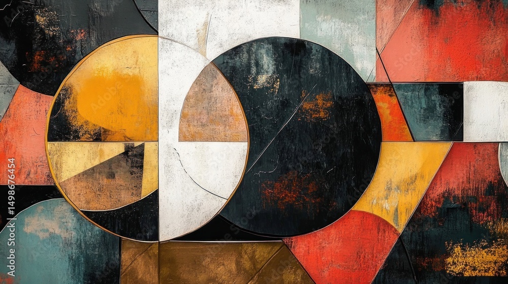 Aufkleber abstract geometric composition featuring overlapping circles and rectangles with textured surfaces i