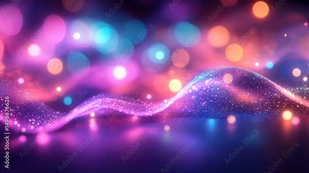 Poster abstract vibrant colorful glowing wave with sparkling particles and soft bokeh lights in purple, pin