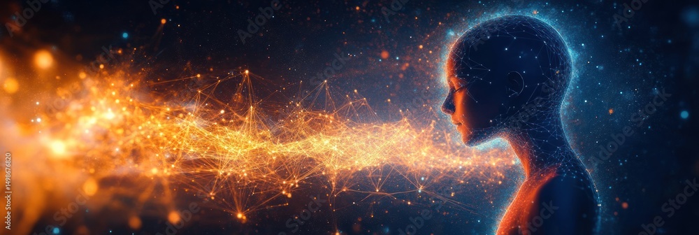 Poster digital representation of a human head emitting a glowing network of interconnected points and lines