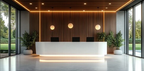 modern reception area with sleek white desk illuminated by warm recessed lighting and three pendant lights with indoor plants and large glass windows overlooking greenery