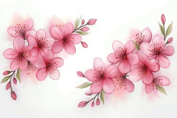 Delicate pink cherry blossom branches with soft green leaves on a white background evoking a gentle and peaceful feeling