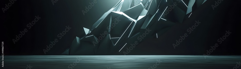 Poster abstract, angular shapes in a dark, illuminated setting.