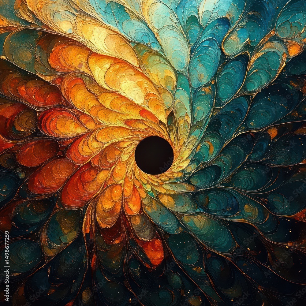 Poster abstract swirling pattern with vibrant blue and orange petal-like shapes radiating around a central 