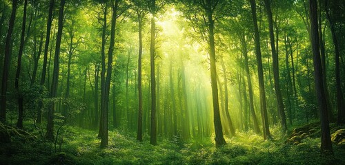 Sunlight streaming through tall trees in a dense green forest with lush undergrowth, creating a peaceful and serene atmosphere