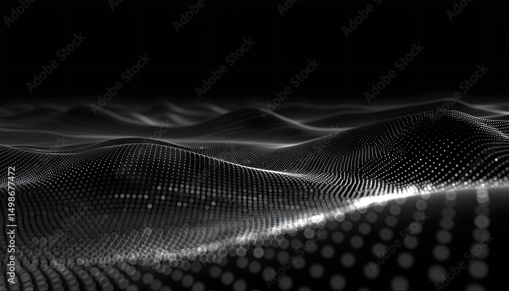Poster abstract digital wave pattern of dots on a dark background.