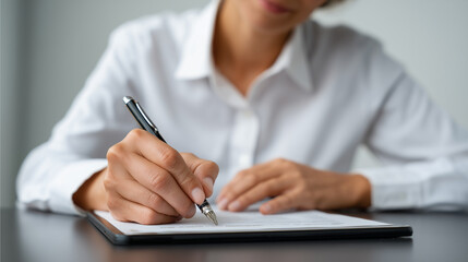 Business Professional Signing Document with Pen in Office Setting, Focus on Hands and Paperwork in Modern Workspace Environment