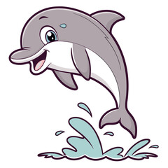 Obraz premium Playful cartoon dolphin leaps joyfully from the water, creating dynamic splashes against a transparent background
