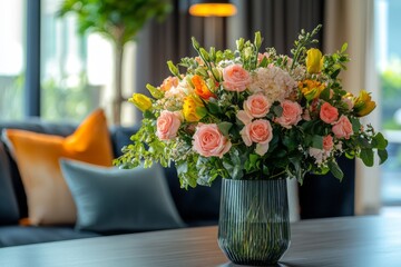 Vibrant bouquet of mixed flowers in a decorative vase.