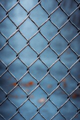 Fototapeta premium Close-up of a weathered metal chain-link fence with a blurred blue and orange background evoking a mood of separation and confinement
