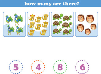 Counting game of wild animals for preschool kids. Printable. Vector Illustration