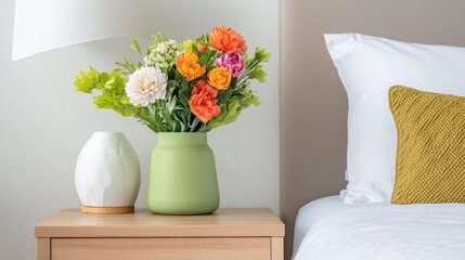 Bright flowers in a pastel green vase on modern oak nightstand, peaceful and elegant