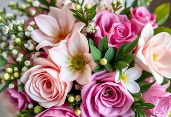 Close-up of a bridal bouquet, showcasing delicate flowers and lush greenery, pink,  soft