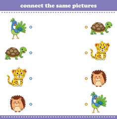 Obraz premium Education game for children connect the same picture of cute cartoon wild animal printable. Vector Illustration