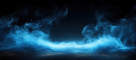 Ethereal blue mist or smoke swirling against a dark background with tiny sparkling particles, creating a mystical and dynamic atmosphere