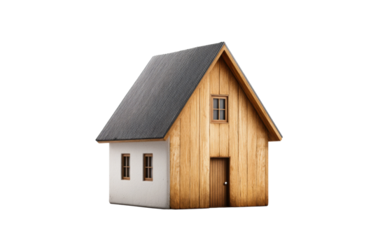 Wooden and concrete miniature house with triangular roof, cut out