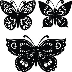 Three Ornate Black Butterfly Silhouettes on White